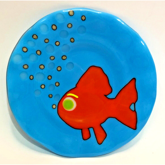 Fused Art Glass Fish Plate Fun Colorful Blue Orange Bubbles 9" Round Wall Decor - Picture 1 of 3